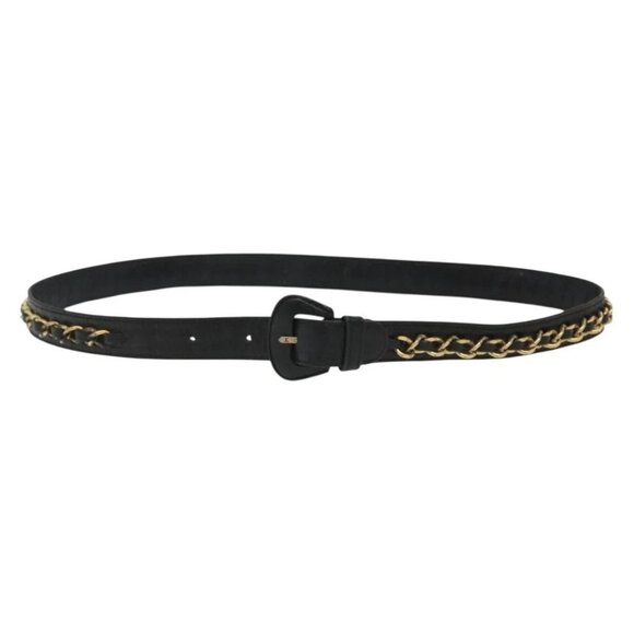 CHANEL Chain Belt Leather 34.6"" Gold Black CC Auth hk2962 - Picture 1 of 10